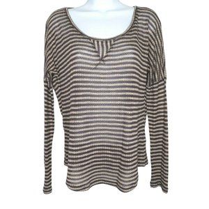 Splendid Sheer Striped Knit Tee M Brown Beige Cotton Long Sleeve Pullover USA
